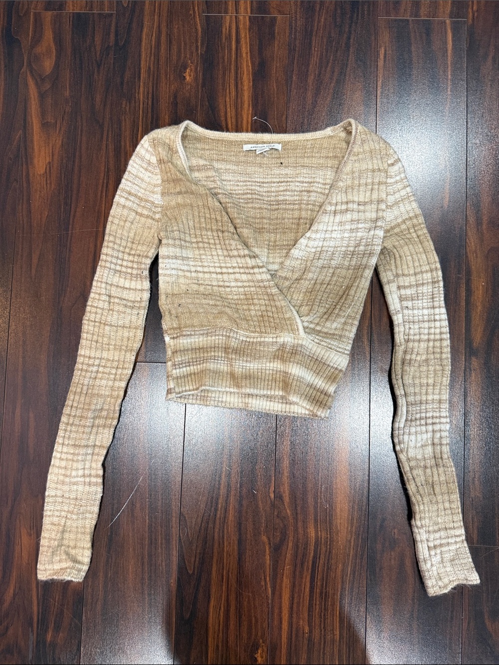 American Eagle Outfitters Beige Ribbed Wrap Crop Top
